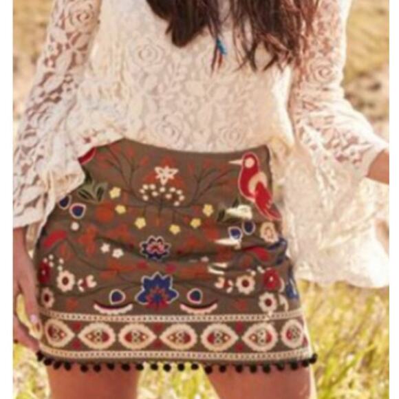 Altar’d State Linen Embroidered Floral Boho Bird Folk Art Mini Skirt Small - Picture 2 of 8